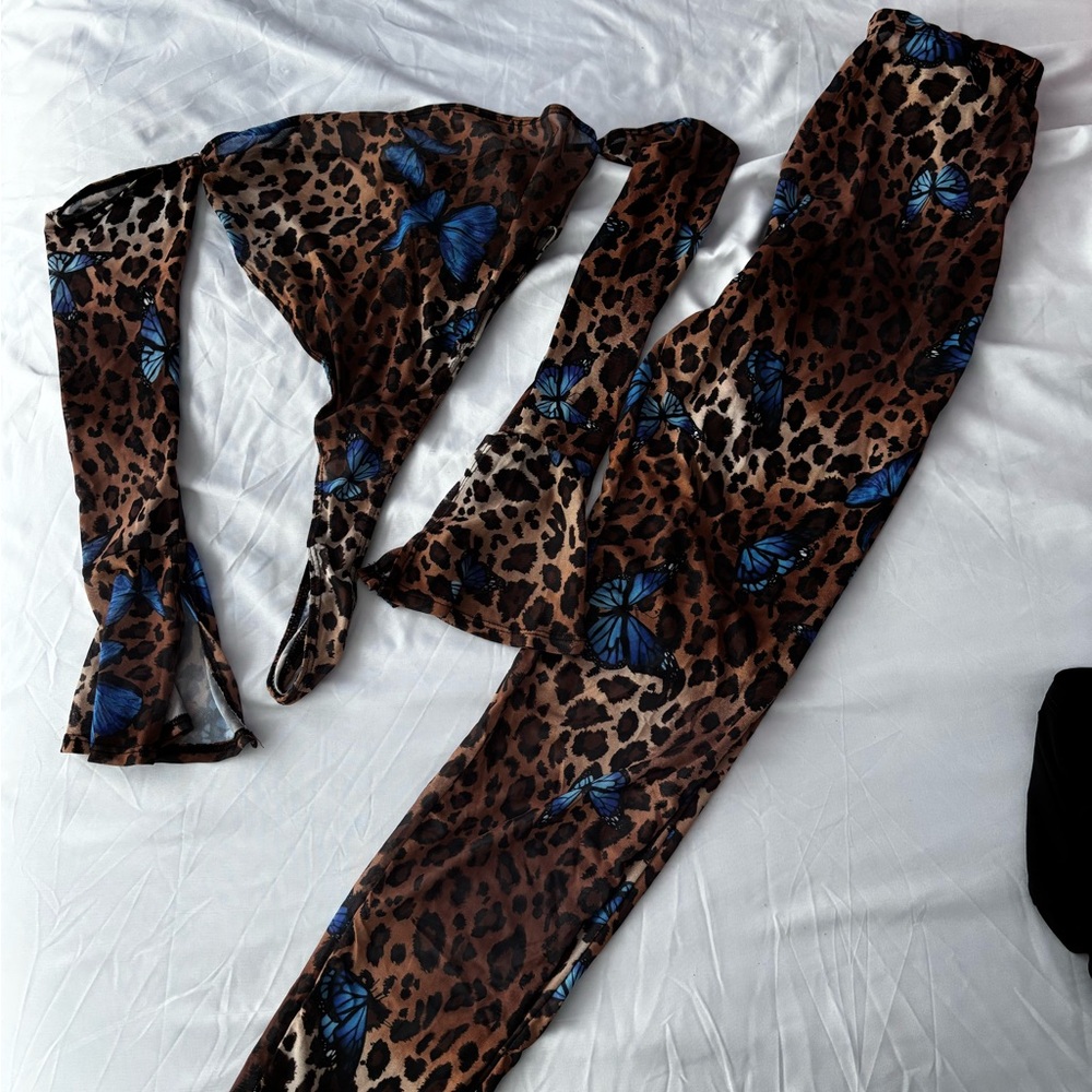 Leopard Print Two-Piece Set with Blue Butterfly Accents